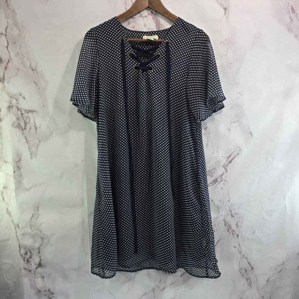 1 1 Tylho Dress Women XS Navy Blue White Polka Dot Mini Lace Up Criss Cross